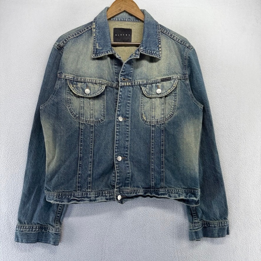 Sisley Denim Jacket Women Size Large Blue Dark Trucker Distressed Faded y2k Boxy